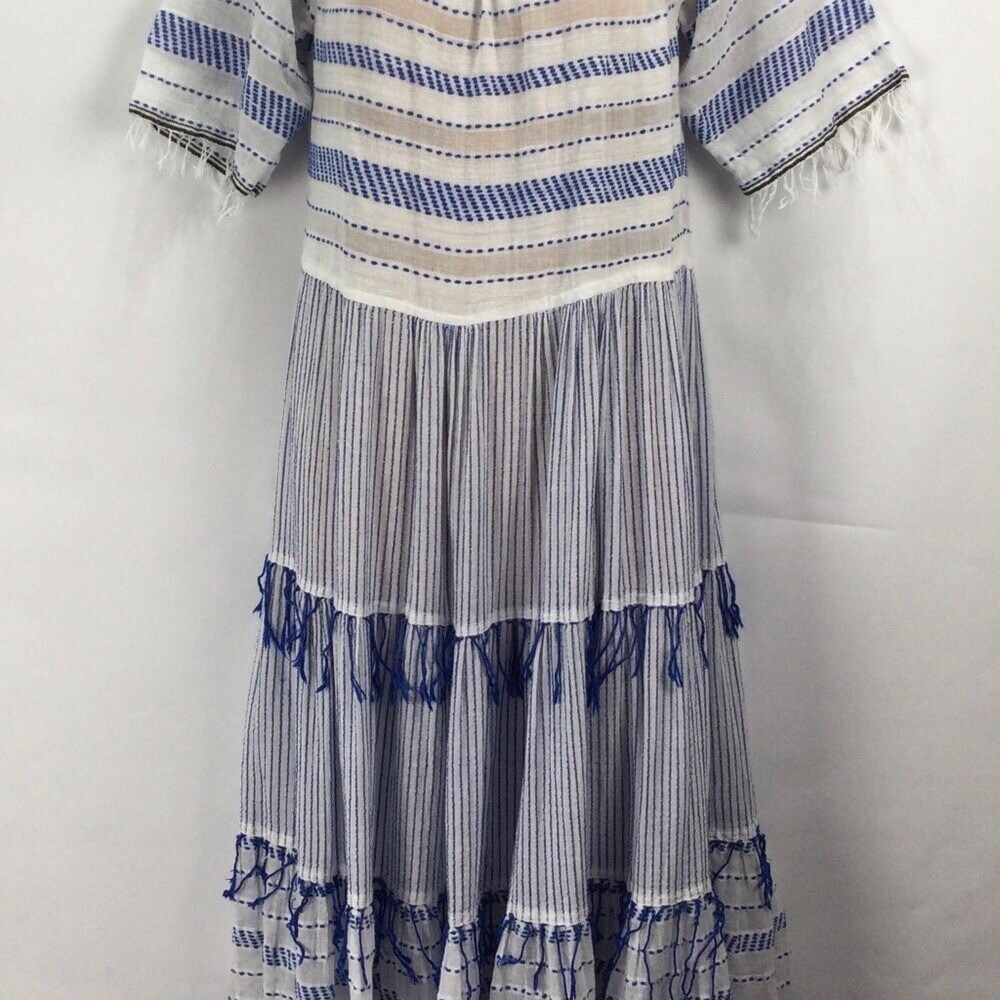 LemLem tiki long tier dress womens size M blue & whited striped maxi w/ fringe